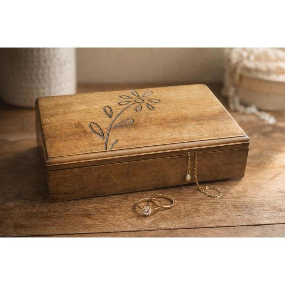 Vintage Rustic Wooden Jewelry Box Hand Carved‎ Floral Farmhouse Trinket 12"
